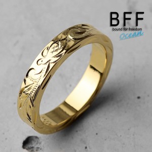 BFF ブランド タートル 幅4mm 平打リング ゴールド 18K GP gold 金色 ウミガメ スクロール フラットバンド ペア ハワイ ハワイアンジュエ