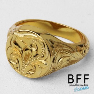 BFF ブランド 印台リング メンズ 丸型 指輪 シルバー925 ゴールド 18K GP gold 金色 ハワイ ハワイアンジュエリー 手彫り 彫金 金属アレ