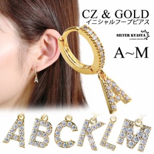 イニシャル CZ パヴェ フープ ピアス アルファベット 英語 文字 頭文字 ドロップピアス ゴールド 金色 ABC 名前 ネーム 耳飾り 片耳 1点