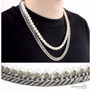 ネックレス パールネックレス 喜平チェーン きへい 2連 pearl necklace ストリート 銀色 金属 ステンレス アレルギーフリー 父の日