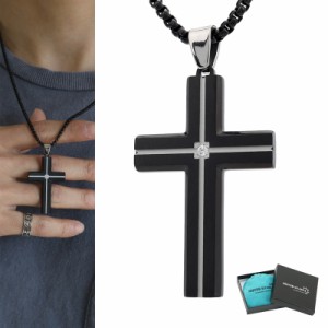 クロスネックレス ブラック ペンダント 大きめ 十字架 シンプルネックレス ステンレス メンズ ワンポイント シルバーライン ベネチアンチ