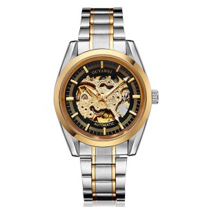 送料無料 自動巻き 腕時計 金 シースルー ゴールド ブラック 金ベゼル 金ベルト スケルトン メンズウォッチ