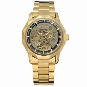 送料無料 ゴールドスタイル 自動巻き腕時計 重厚多角ベゼル オールゴールド 自動巻き 腕時計 多角ベゼル スケルトン仕様 メンズウォッチ
