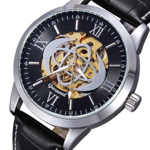 送料無料 2色選択可 中央ゴールド スケルトン 特殊模様中央高級自動巻き腕時計 GUCAMEL バーインデックス ブラック ホワイト