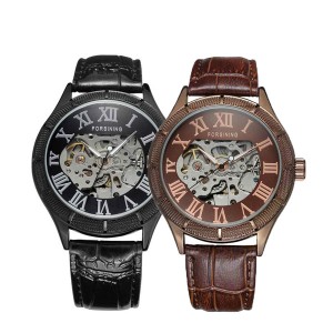 送料無料 自動巻き 腕時計 ローマインデックス 特殊網ベゼル シースルーモデル 革ベルト 2色から選択可能 ブラック ピンクゴールド メン