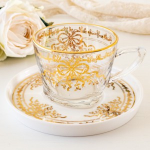 カップ＆ソーサー ガラス コーヒー・ティー兼用 おしゃれ アンティーク風 リボン クリア 透明 ゴールド 紅茶
