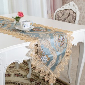 テーブルランナー おしゃれ 青 ブルー 40×220 布 レース 花柄 バラ 刺繍 センター フランスアンティーク風 ロココ