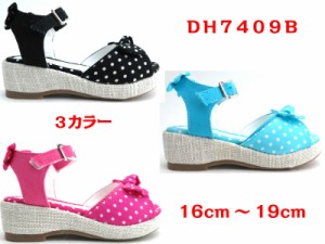 【送料無料】ＤＨ７４０９Ｂ  ジュニアサンダル   女の子サンダル 子供サンダル  キッズサンダル リボンサンダル ドット柄 ウェッジサン