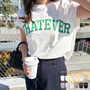 ロゴプリント コットン天竺 ラウンドヘム フレンチスリーブ Tシャツ レディース 体型カバー サイドスリット WHATEVER ラウンドヘム 体型