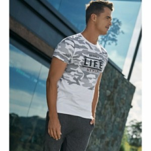 Tシャツ メンズ 半袖 ラウンドネック インポート 迷彩柄 白 フィットネス トレーニング ジョギング ランニング ウォーキング ウェア ジム