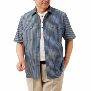 春夏 10ポケットストライプシャツジャケット（2色組） 半袖アウター 半袖シャツ メンズ 紳士 シニア カジュアルシャツ 紺色 シニアファッ