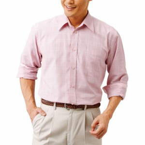 春夏 大人のシャドーチェック柄長袖シャツ（3色組） カジュアルシャツ メンズ 紳士服 シニア ネイビー ピンク ベージュ 冷房対策 シニア
