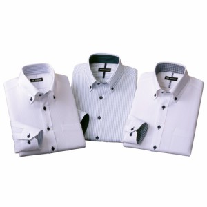 形態安定ネイビー配色デザインワイシャツ（3枚組） 選べる袖丈 トップス Yシャツ メンズ 紳士服 シニア ドレスシャツ ストライプ シニア