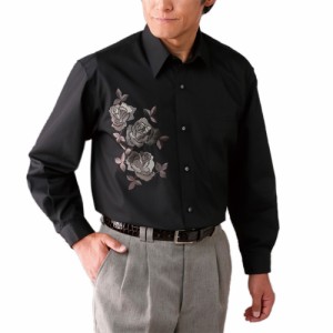 春夏 日本製 バラ刺繍柄シャツ（全2色） 長袖 ドレスシャツ メンズ 紳士服 シニア 薔薇の刺繍 花柄 華やか ドレスアップ おでかけ ワンポ