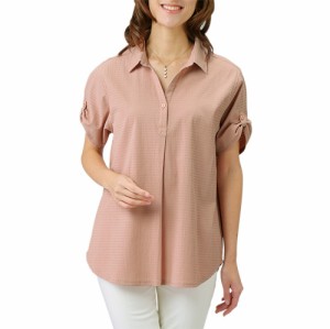 ブラウス 春夏 袖口ロールアップシャツブラウス（2色組） カジュアルシャツ レディース 婦人服 ミセス シニア 白 ピンク ホワイト シンプ