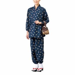 日本製 綿100％ うさぎ柄作務衣 紺色系 婦人作務衣 和装 レディース 婦人服 ミセス シニア 女性 ウサギ柄 動物柄 かわいい うさぎ模様 シ