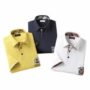 ポロシャツ 春夏 チェック使いデザインポロシャツ（3色組） 半袖ポロシャツ メンズ 紳士服 シニア 男性 ホワイト ネイビー イエロー シニ