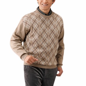 秋冬 日本製 アーガイル柄クルーセーター（全3色） ウール混セーター メンズ 紳士服 シニア 男性 グレー ベージュ 灰色 クルーネック 丸