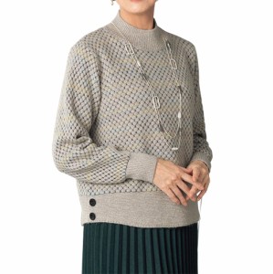 日本製 かすり変化編みセーター ライトグレー トップス ニット セーター クルーネック 丸首 レディース 婦人服 ミセス シニア 女性 シニ