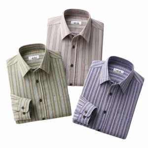 日本製 ストライプ柄長袖シャツ 全3色 カジュアルシャツ 長袖 縞柄 メンズ 紳士服 シニア 男性 グリーン ベージュ パープル 緑 薄茶色 紫