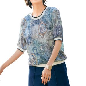 絵画風 プリントブラウス グレイッシュブルー ブラウス 五分袖 ブルー クルーネック レディース 婦人服 ミセス シニア 女性 丸首 5分袖 