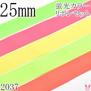 25mm　グログランリボンアソート セット　1mx5本　蛍光カラー　 525.600.556.159.544 　（2037）