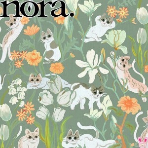 花やぐ猫と花園　Bグリーン系　10cm単位　切り売り　シーチング生地　ST1148　ノラ　NORA.　(257)