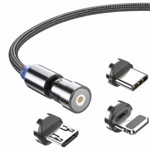 マグネット充電ケーブル 3in1 USBケーブル 急速充電 360度+180度回転  磁気 磁石 防塵 着脱式 ライトニング マイクロUSB Type-C コネクタ