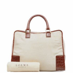 ロエベ アマソナ クロコ型押し ハンドバッグ ミニボストンバッグ ベージュ ブラウン レザー ナイロン レディース LOEWE 【中古】