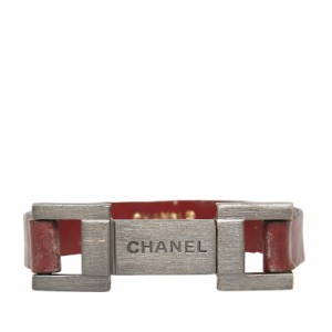 シャネル ロゴプレート バングル ブレスレット ダークブラウン レザー メタル レディース CHANEL 【中古】