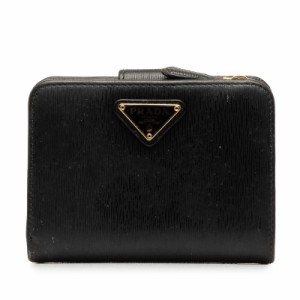 プラダ トライアングル 二つ折り財布 L字ファスナー ブラック レザー レディース PRADA 【中古】