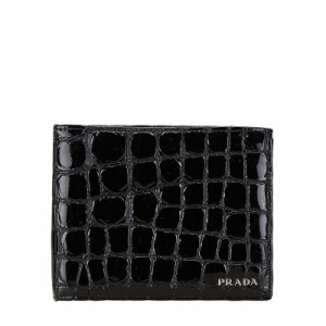 プラダ クロコ型押し 二つ折り財布 ブラック エナメル レディース PRADA 【中古】