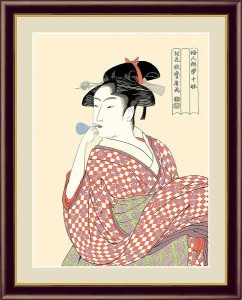 日本の名画　浮世絵　美人画　ビードロを吹く娘　喜多川歌麿　F6　52×42cm　手彩仕上 高精細巧芸美術画