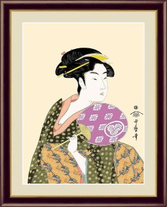 日本の名画　浮世絵　美人画　団扇を持つおひさ　喜多川歌麿　F6　52×42cm　手彩仕上 高精細巧芸美術画