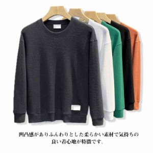 スウェット メンズ 長袖 クルーネック トレーナー ワッフル ロングTシャツ カットソー メンズファッション トップス 無地 ワッフル きれ