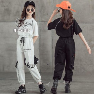 ダンス 衣装 キッズ HIPHOP ヒップホップ 子供 女の子 韓国 子供服 カーゴパンツ ダンスウェア お揃い ギャル 黒 白 演出 舞台 ジャズ 応