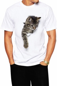メンズTシャツ 猫 Tシャツ メンズ 白 おもしろ 服 かわいい ネコ柄 トリックアート 風 半袖 シャツ (ポリエステル ドライ)