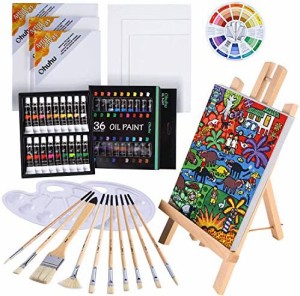 Ohuhu 油絵の具セット 56点セット 油絵の具 36色 初心者 画材セット 油彩 油彩絵具 木製イーゼル/張りキャンバス/油彩筆/パレット/カラー