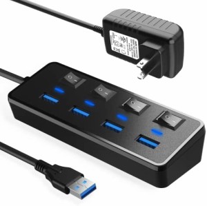 USB3.0ハブ 電源付き JESWO USB ハブ 4ポート USB 3.0 ハブ セルフパワー/バスパワー 5Gbps高速データ伝送 USB Hub USB3.0 拡張 独立スイ