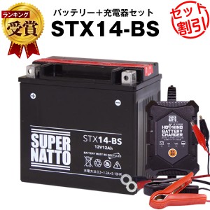 バイクバッテリー充電器+STX14-BS セット■バイクバッテリー■YTX14-BS互換■12V/6V切替 星乃充電器・スーパーナットXJR、シャドウ、スカ