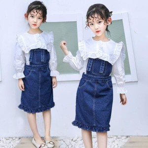 子ども服 女の子 ワンピース チュニック キッズ デニムサロペットスカート＋ブラウスシャツ セットアップ ２点セット 送料無料