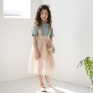 子ども服 女の子 ワンピース チュニック 夏新商品 ナチュラル サロペット レース シフォン ガーリー 涼し気 ベージュ 送料無料