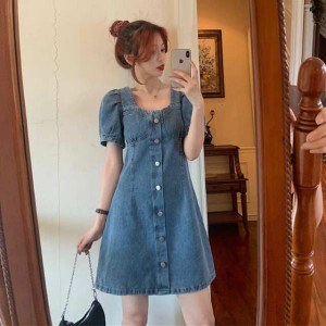 ワンピース チュニック 夏アイテム バルーン袖 ミニ丈 デニム 半袖 デコルテにこだわっています 夏服 レディース 人気商品 送料無料