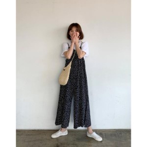 オールインワン ワイドパンツ レディース スカーチョ サロペット ゆったりサイズ ドット柄 春 夏 韓国ファッション 人気商品 送料無料