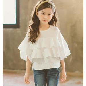 トップス 女の子 フリル ブラウス 無地 ホワイト 白 五分袖 Tシャツ 子供 キッズ ファッション おしゃれ かわいい 人気商品 送料無料