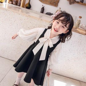 セットアップ 子供服 ワンピース シャツ ブラウス リボンタイ 女の子 フォーマル ２点セット かわいい 入園式 パフスリーブ 送料無料