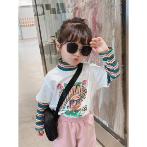 ベビー服 シューズ トップス Ｔシャツ カットソー 韓国子供服 カラフルボーダー 重ね着風長袖Tシャツ 男の子 女の子 送料無料