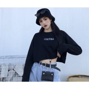 トップス レディース 長袖 ロンT ショート丈 トップス へそ出し Tシャツ 韓国ファッション ラウンドネック ダンスウエア 送料無料