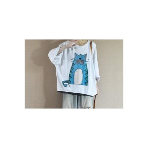 トップス カットソー Tシャツ 長袖 イラスト キャラクター ゆったり ネコ ゆったり袖 ミディアム ラウンドネック アニマル柄 お出かけ