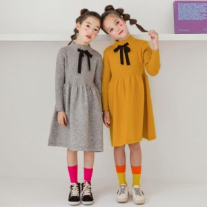 子ども服 女の子 ワンピース チュニック 韓国子供服 秋 冬 キッズ クルーネック ニット セーターワンピース リボン スリム 送料無料